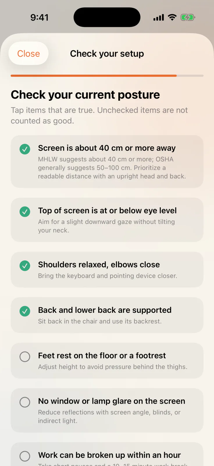 Ergonomics screen with seven checks covering screen distance and height, shoulders and elbows, back and lower back, and more.