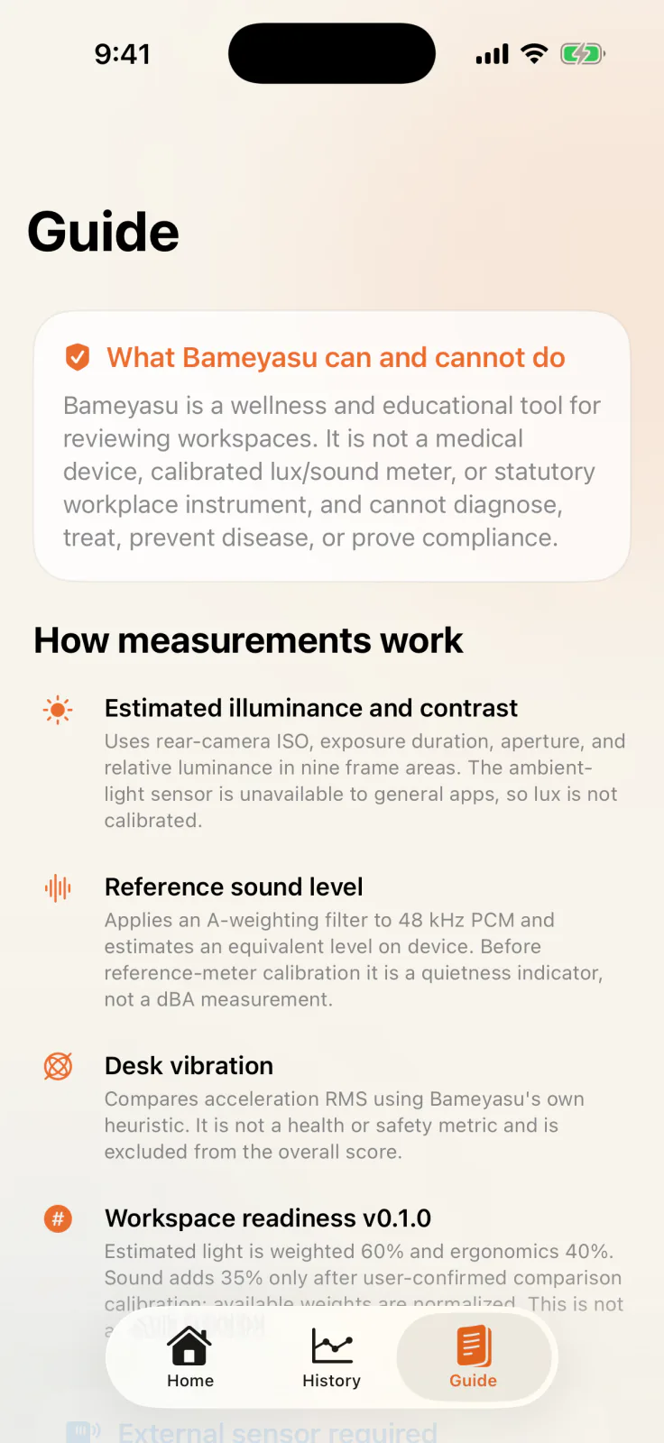 Guide screen explaining measurement methods, the workspace readiness calculation, and items that require external sensors.