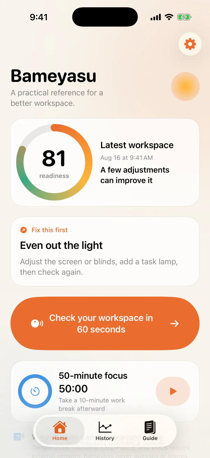 Home screen showing workspace readiness, the latest check, one action to fix first, the 60-second check, and the focus timer.